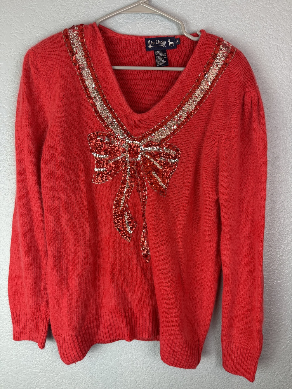 Le Chois Sweater Womens Medium Red Sequin Bow Silk Blend Angora Holiday Pullover